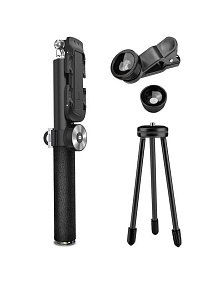Селфи штатив LEATHER (bluetooth/треножник/пульт/сменные линзы) черный (УЦЕНКА) Повреждение упаковки